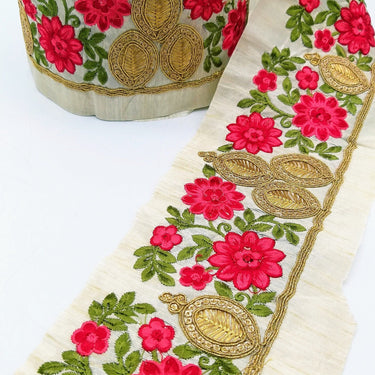Beige Silk Fabric Trim, Green, Pink & Gold Floral Embroidery Indian Sari Border Trim By Yard Decorative Trim Craft Lace